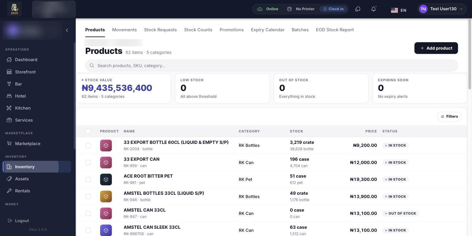 Zeus inventory showing stock value, low stock and out of stock counts with a product list by category